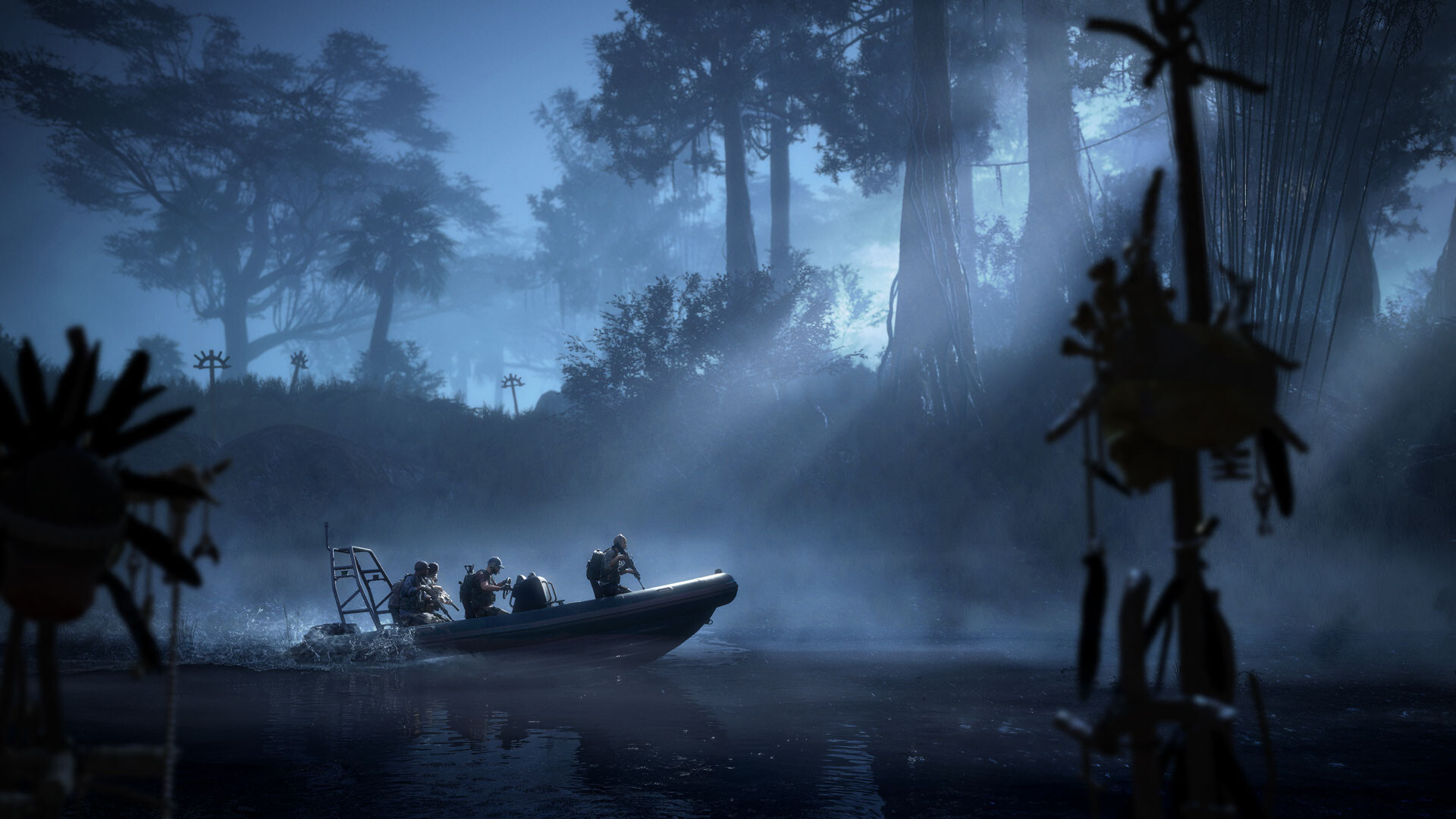 A Ghost squad travels by boat through a misty waterway.