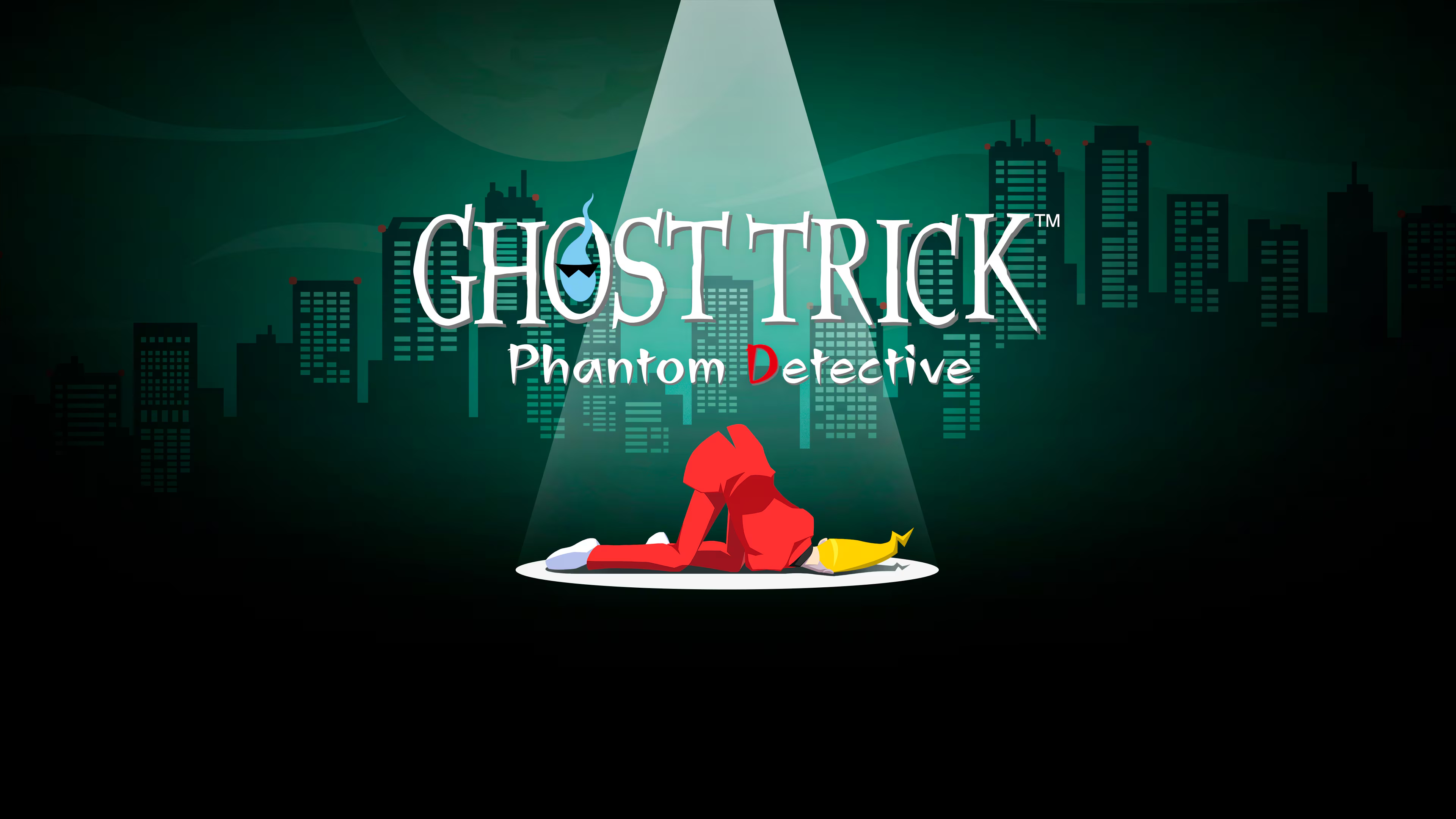 Ghost Trick logo above Sissel under a spotlight against a city skyline.