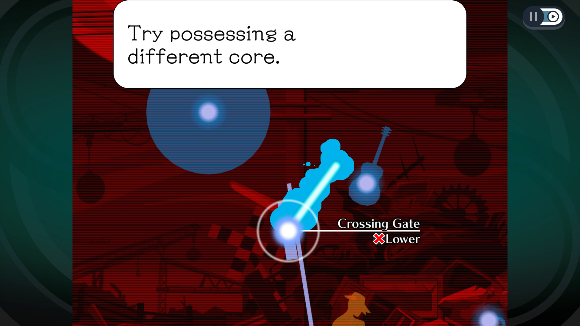 Sissel moves between object cores while a crossing gate remains out of reach.