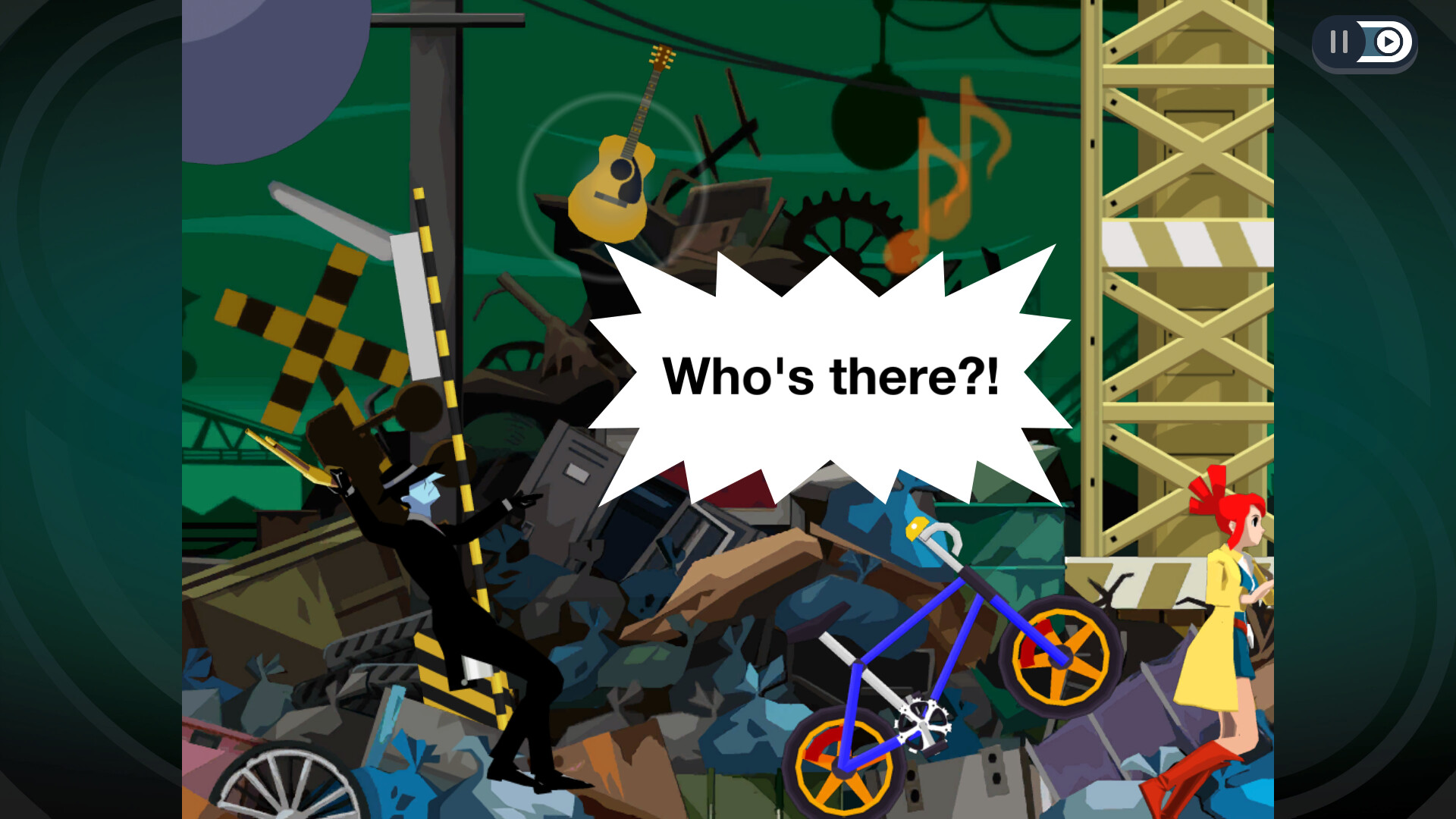 Lynne reacts as junkyard objects and a bicycle shift around her.
