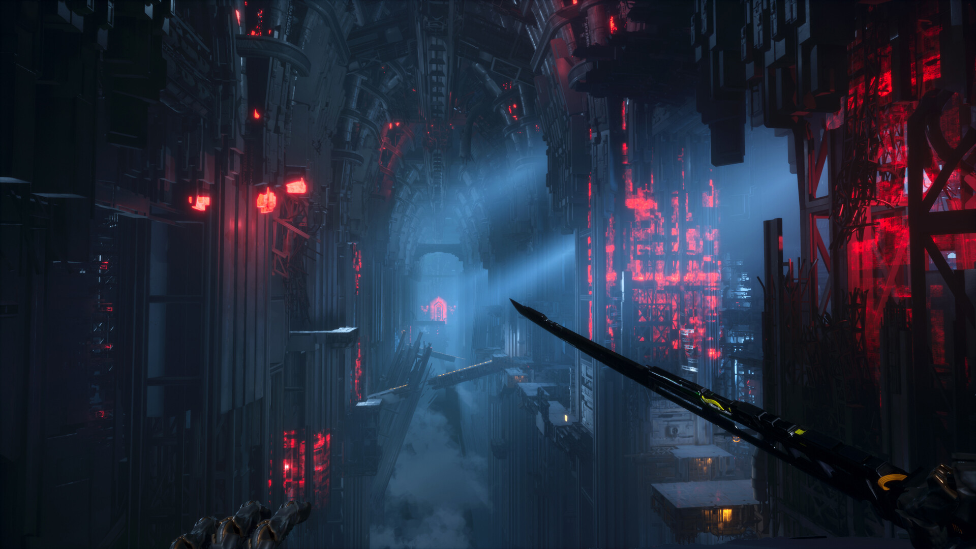 A sword points toward a narrow passage high above the city.