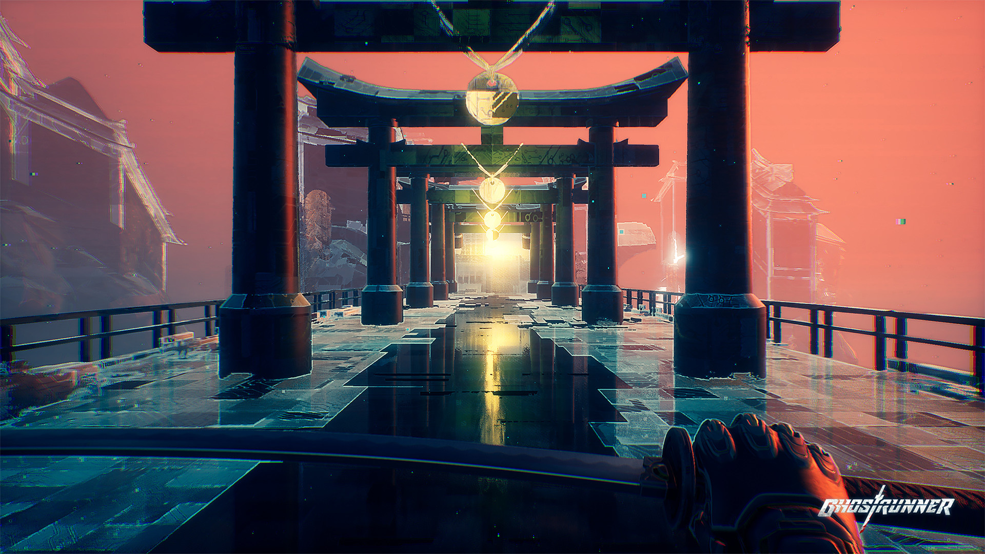 A sword-bearing figure approaches illuminated gates above the city.
