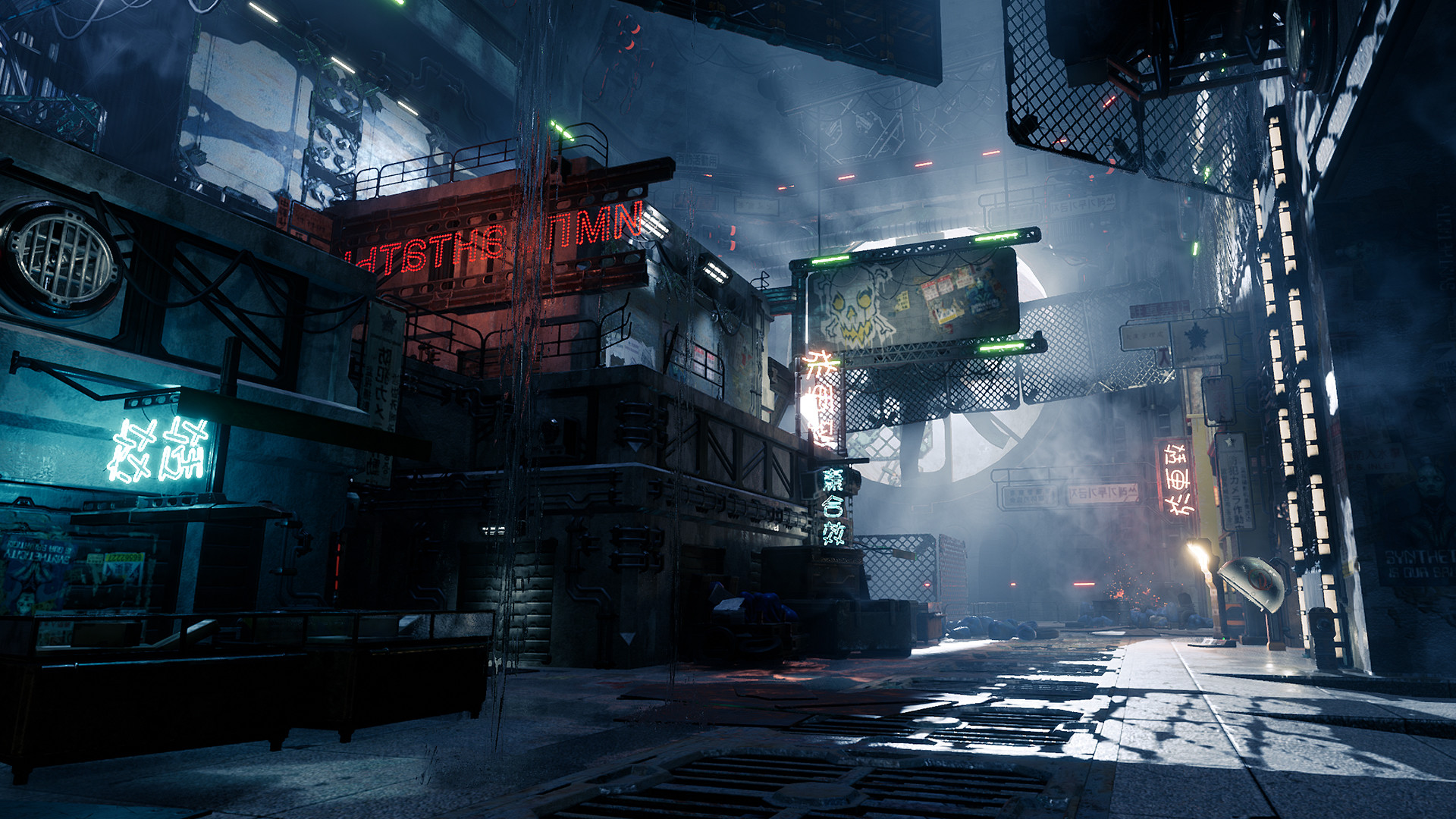 A rain-soaked cyberpunk street lies beneath towers and neon signs.