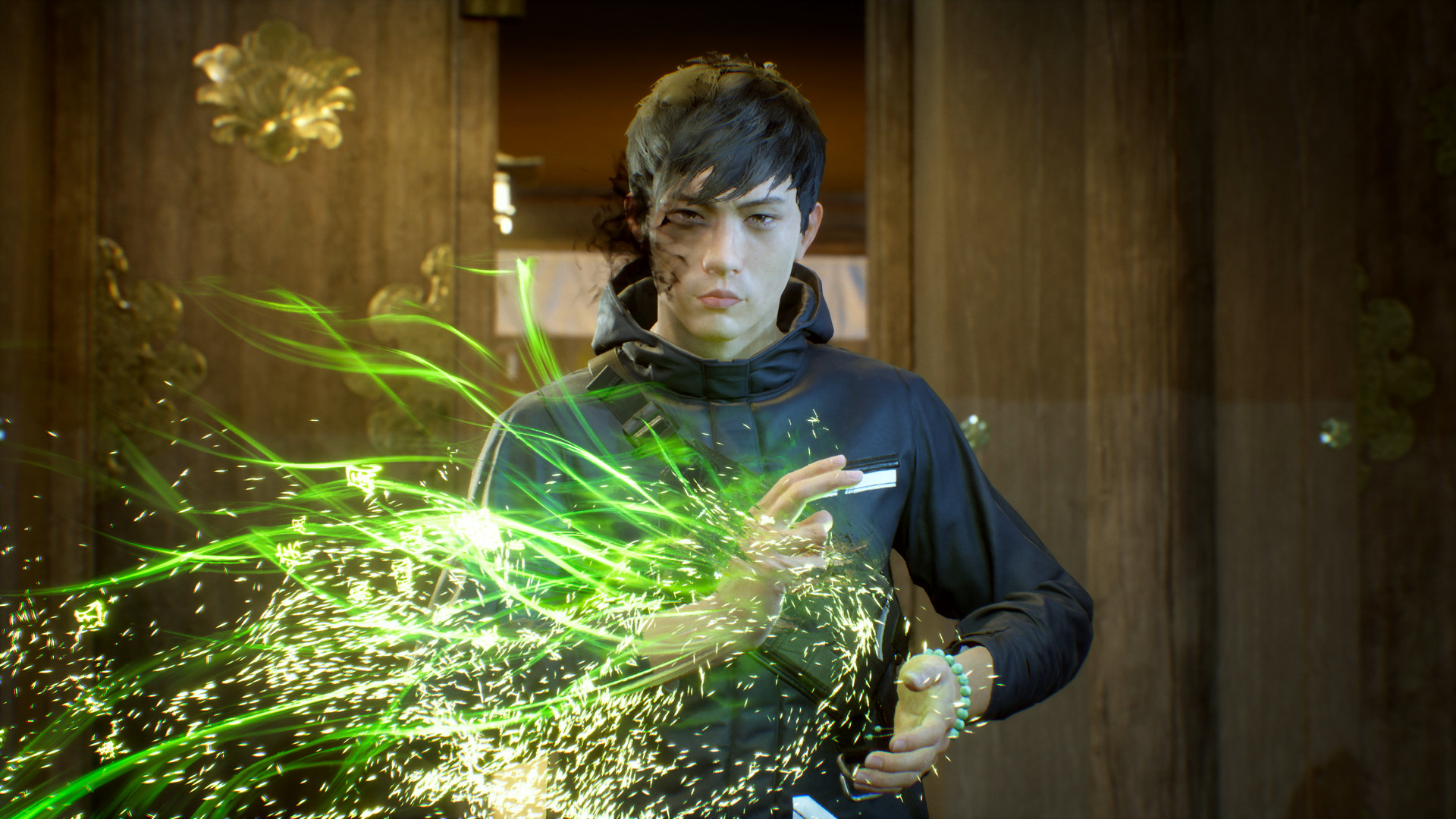 A young man channels green energy through his hands.