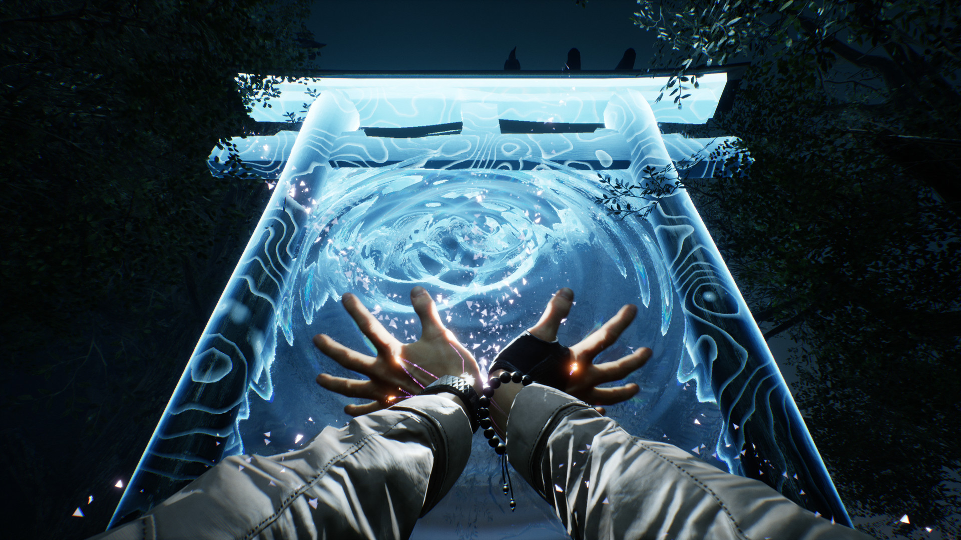 Hands reach toward a glowing blue supernatural symbol.