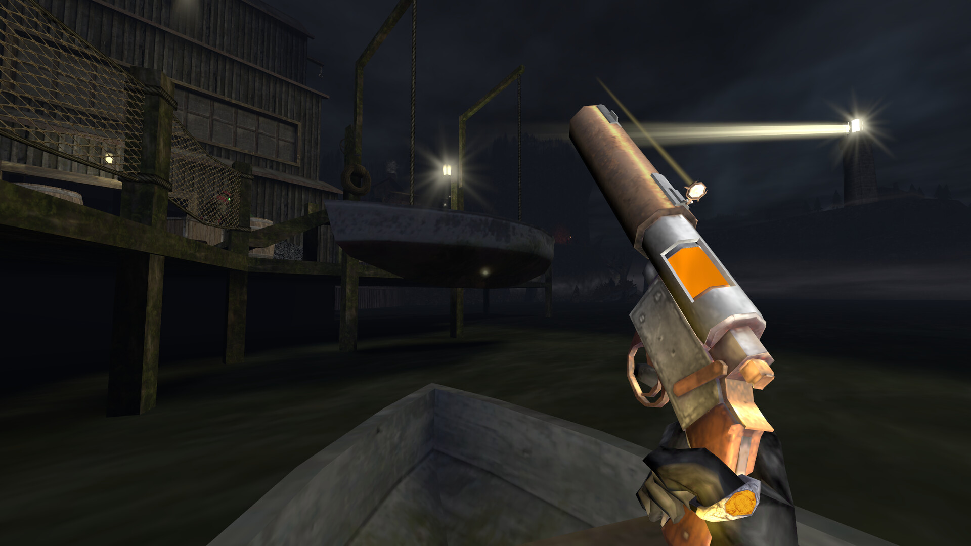 The player holds a pistol from a boat in a dark harbour.