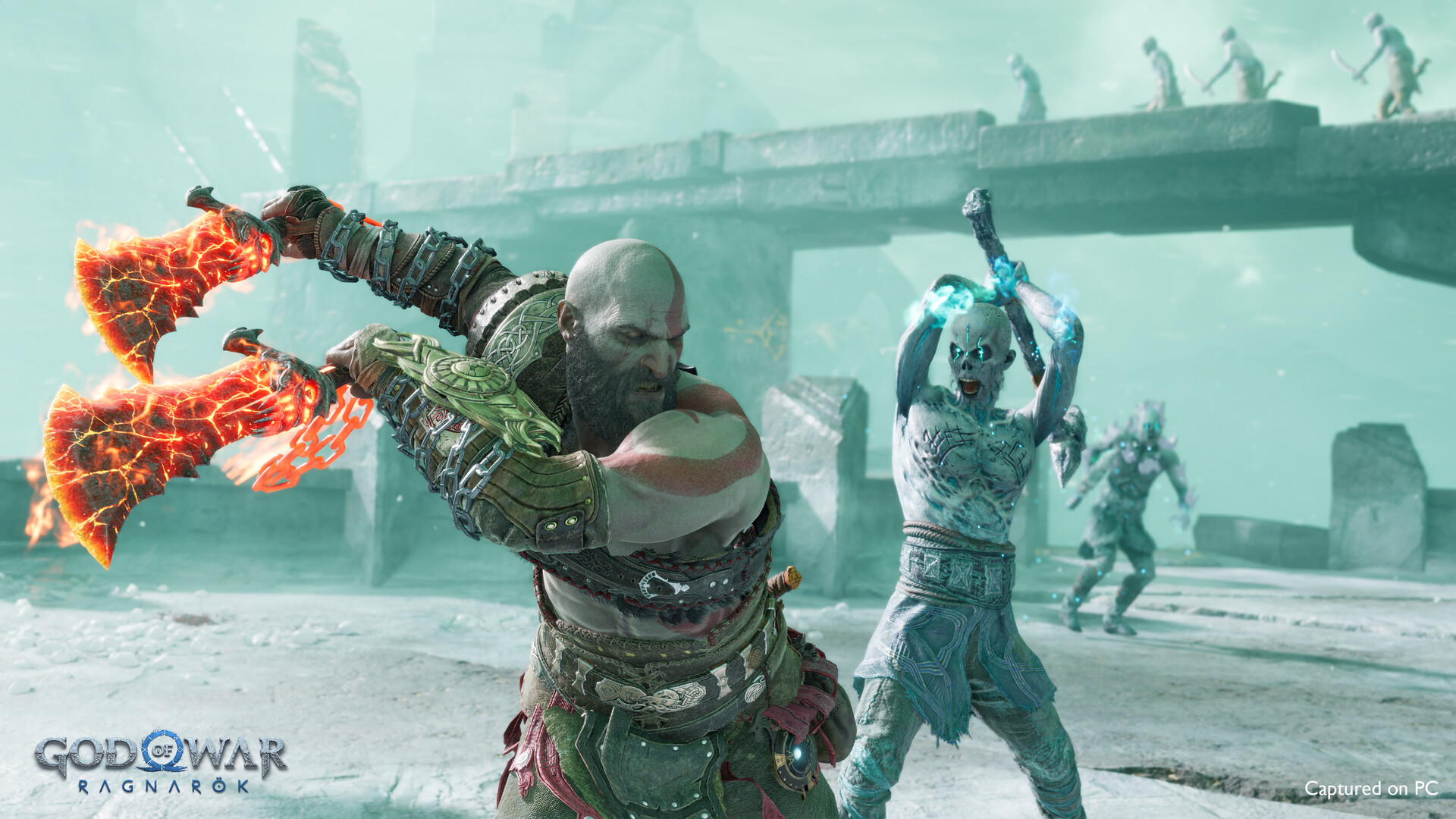 Kratos strikes at an enemy with the Blades of Chaos.