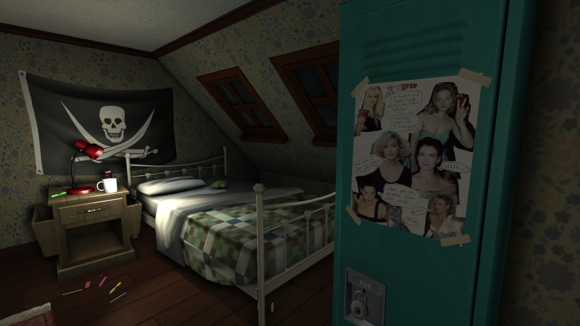 A bedroom contains posters, drawings and a pirate flag.