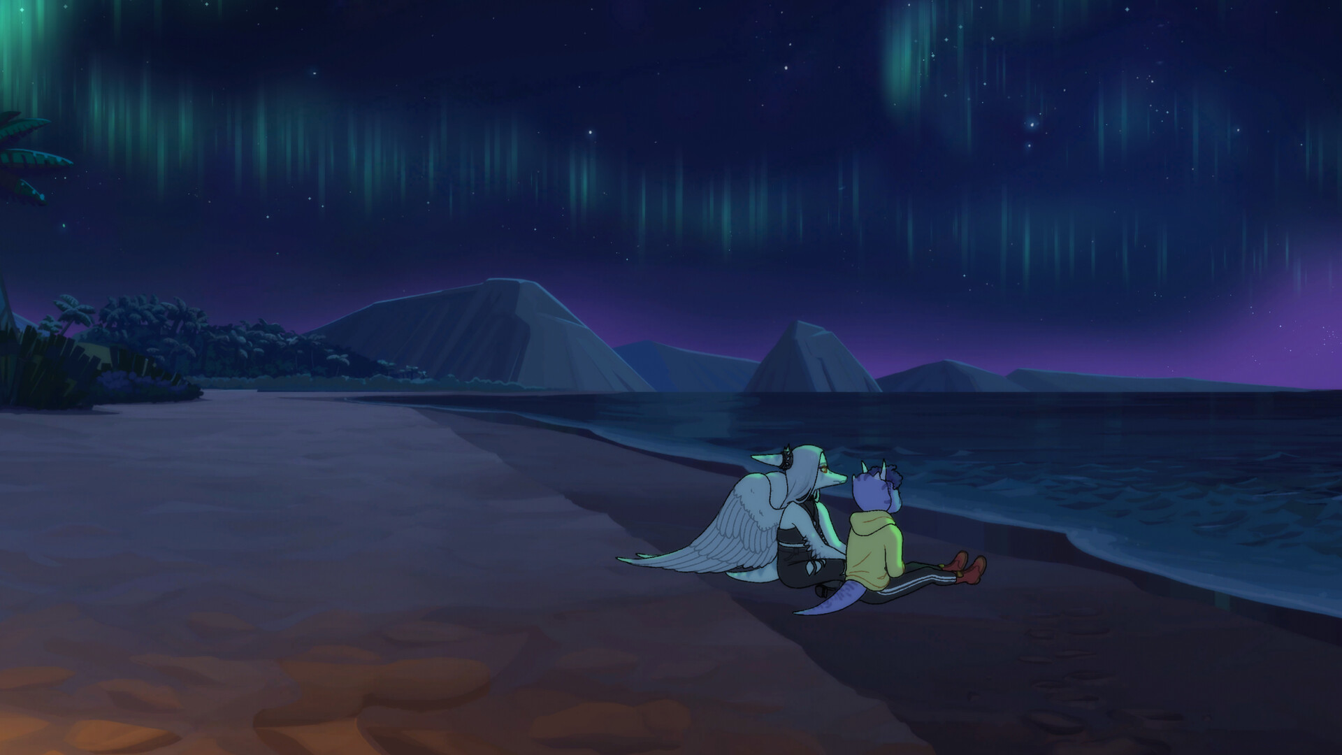 Fang and a friend sit together on a beach beneath a starry sky.