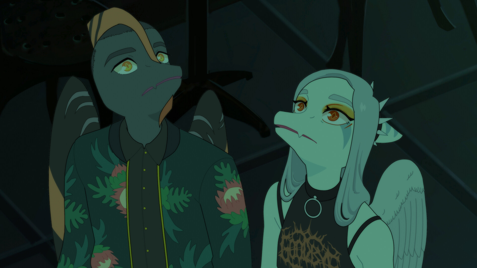 Two students exchange a look in a dimly lit scene.