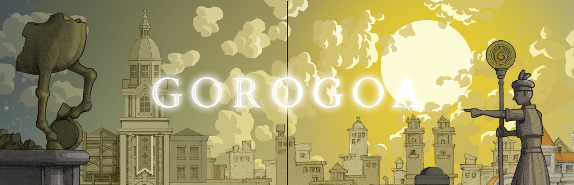 Official Steam library artwork sets the Gorogoa title over a gold-toned illustrated city.
