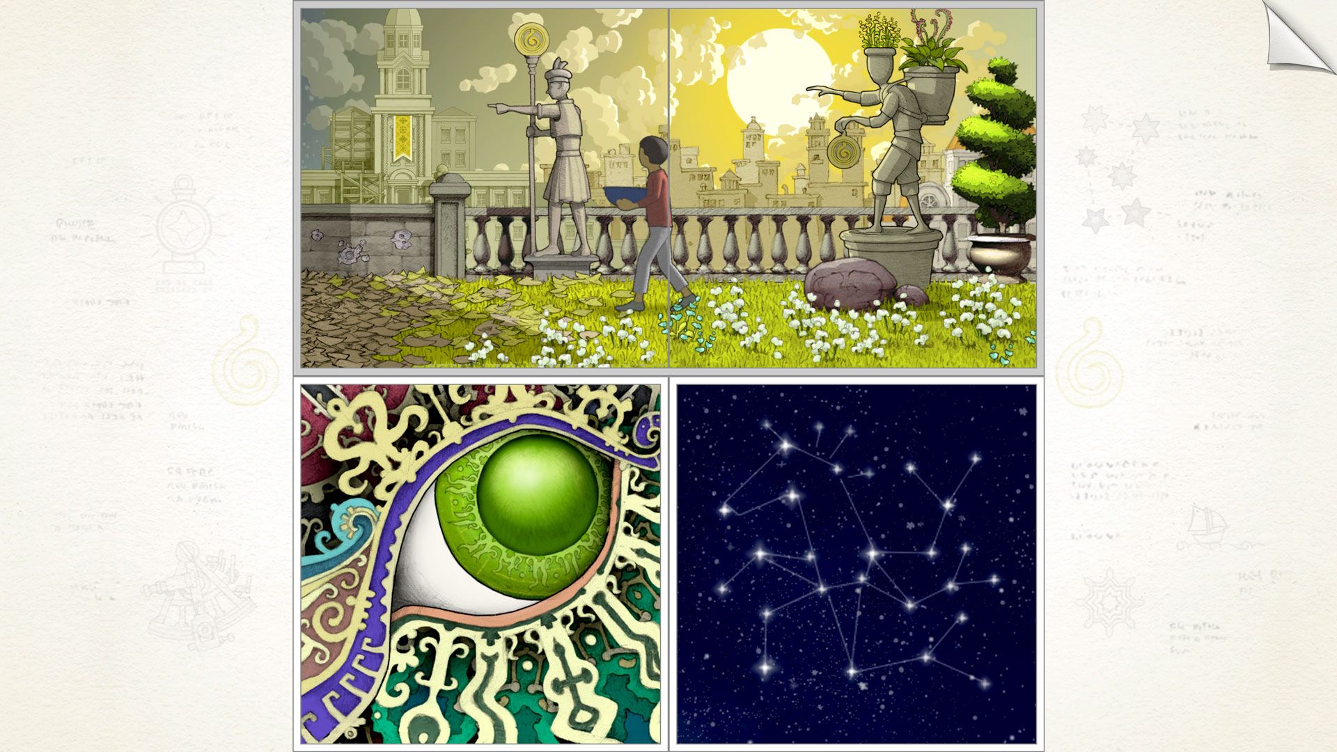 Four illustrated puzzle panels show a child, a statue and fragments of a constellation.