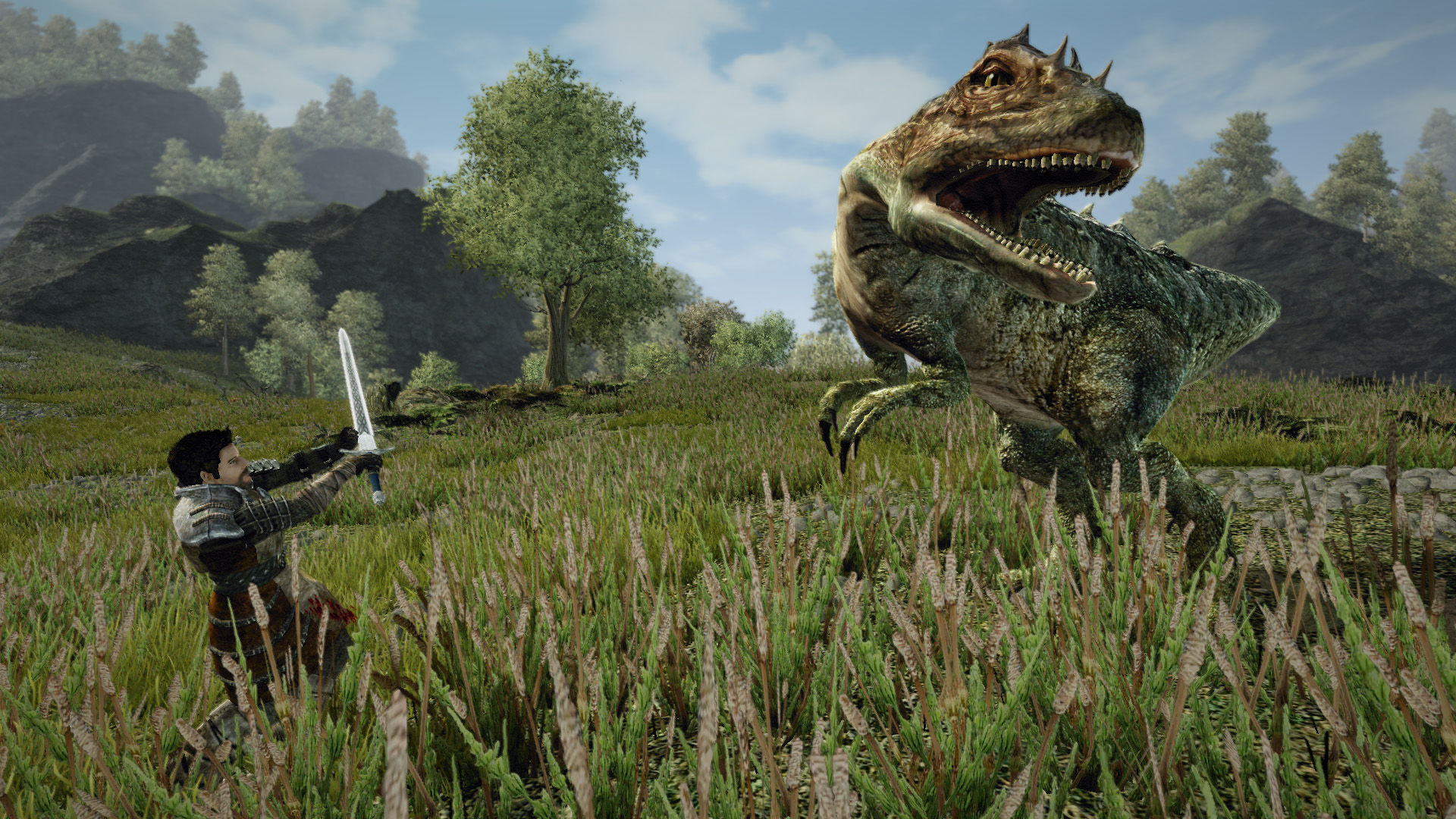 An adventurer faces a large reptilian creature in the grass.