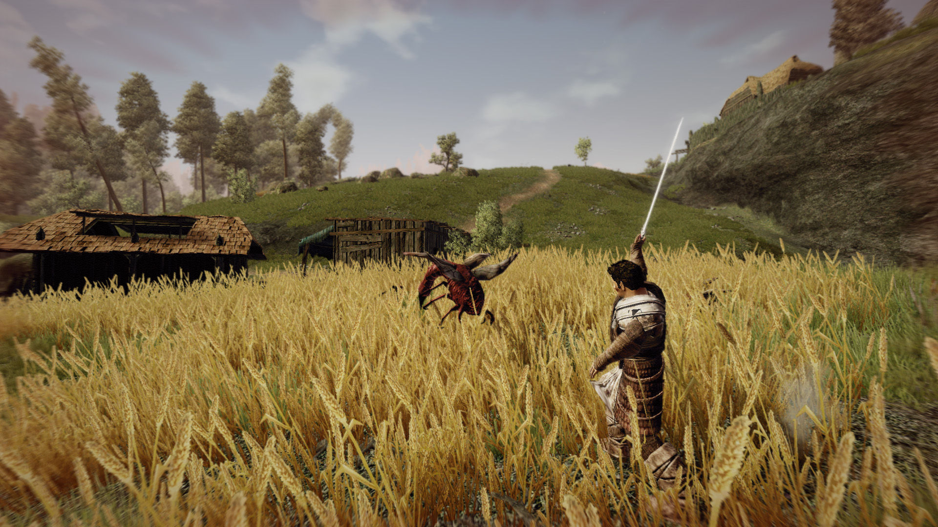 An armed figure confronts a creature near a village.