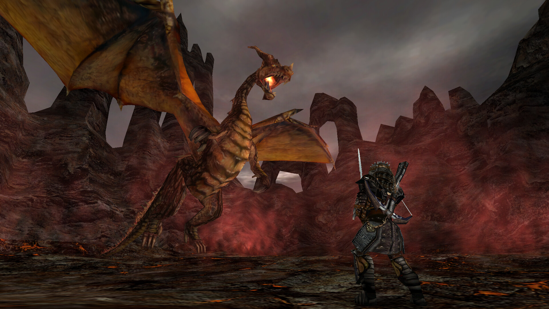 An adventurer faces a dragon among rocky cliffs.