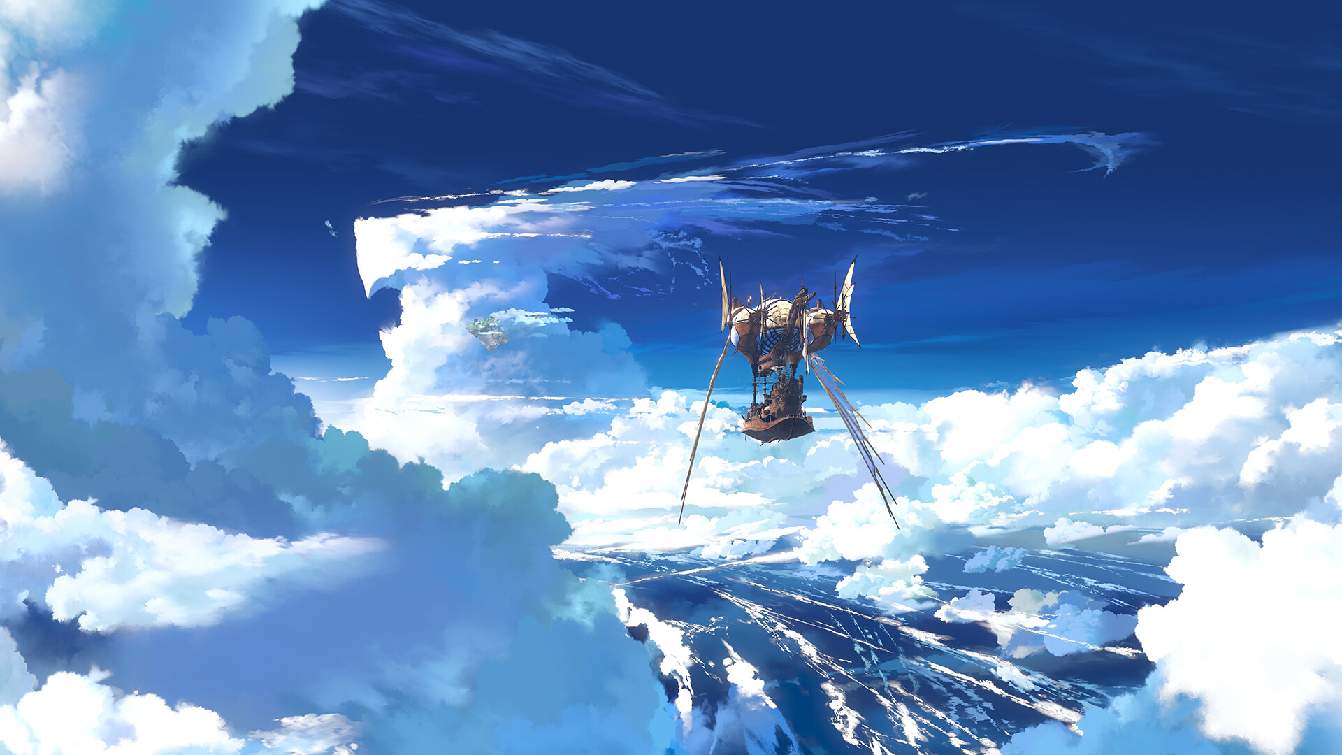 An airship crosses a dramatic sky above floating land.