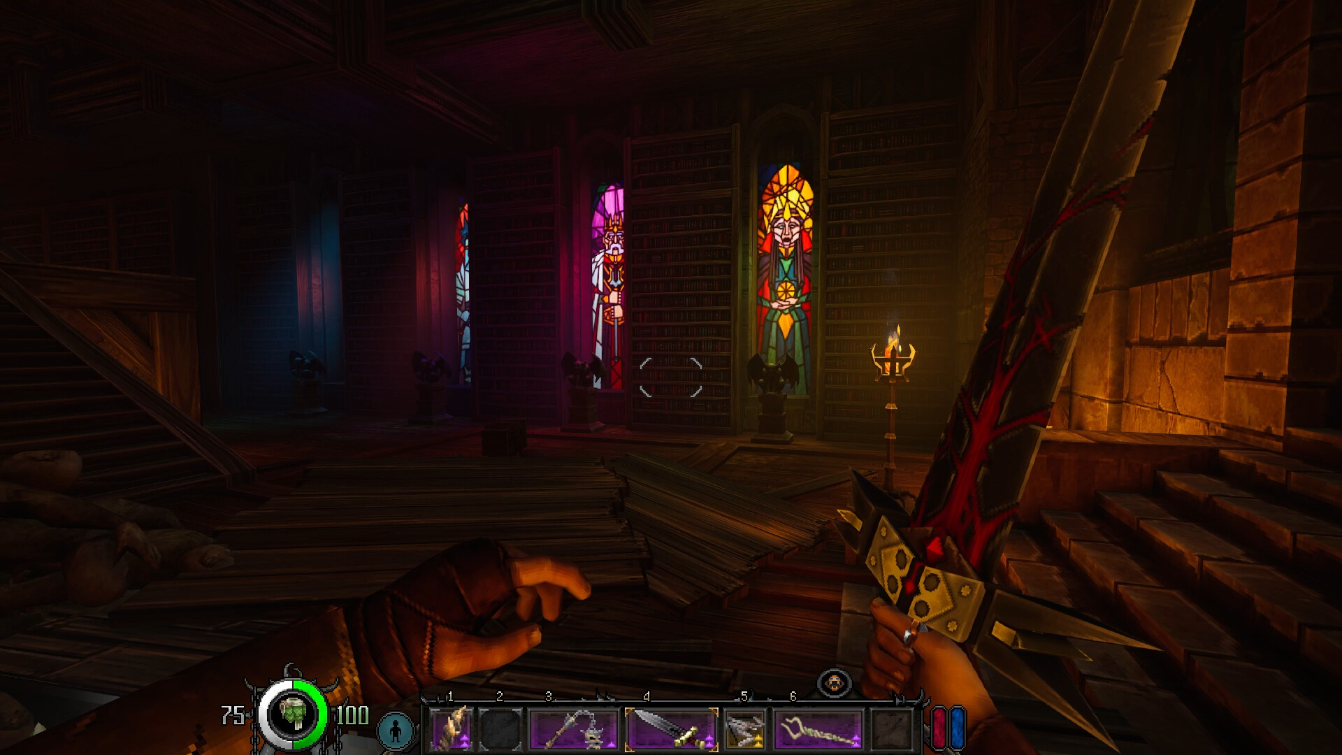 The player holds a sword inside a library with stained-glass windows.