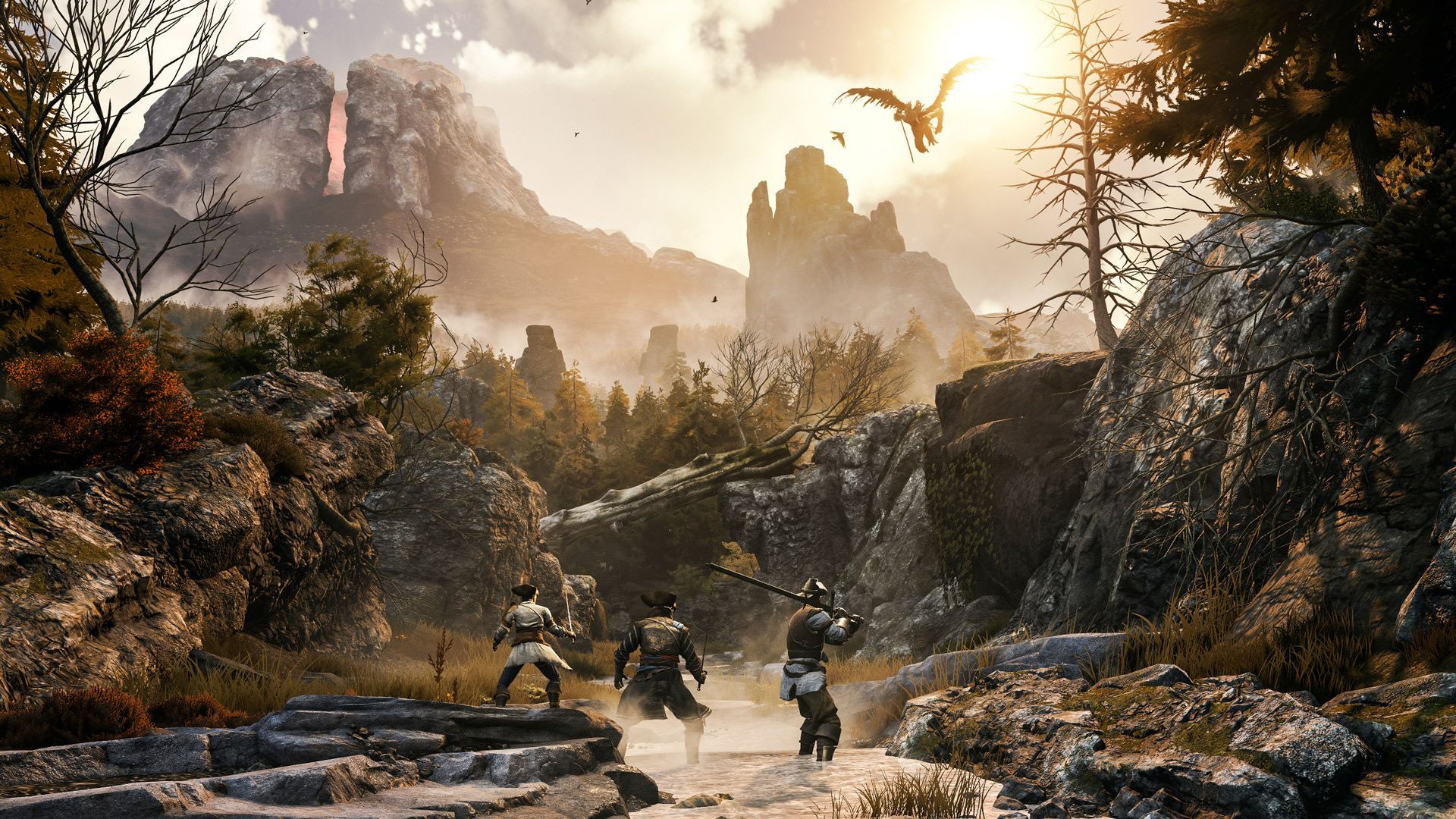 Adventurers approach a sunlit mountain pass.