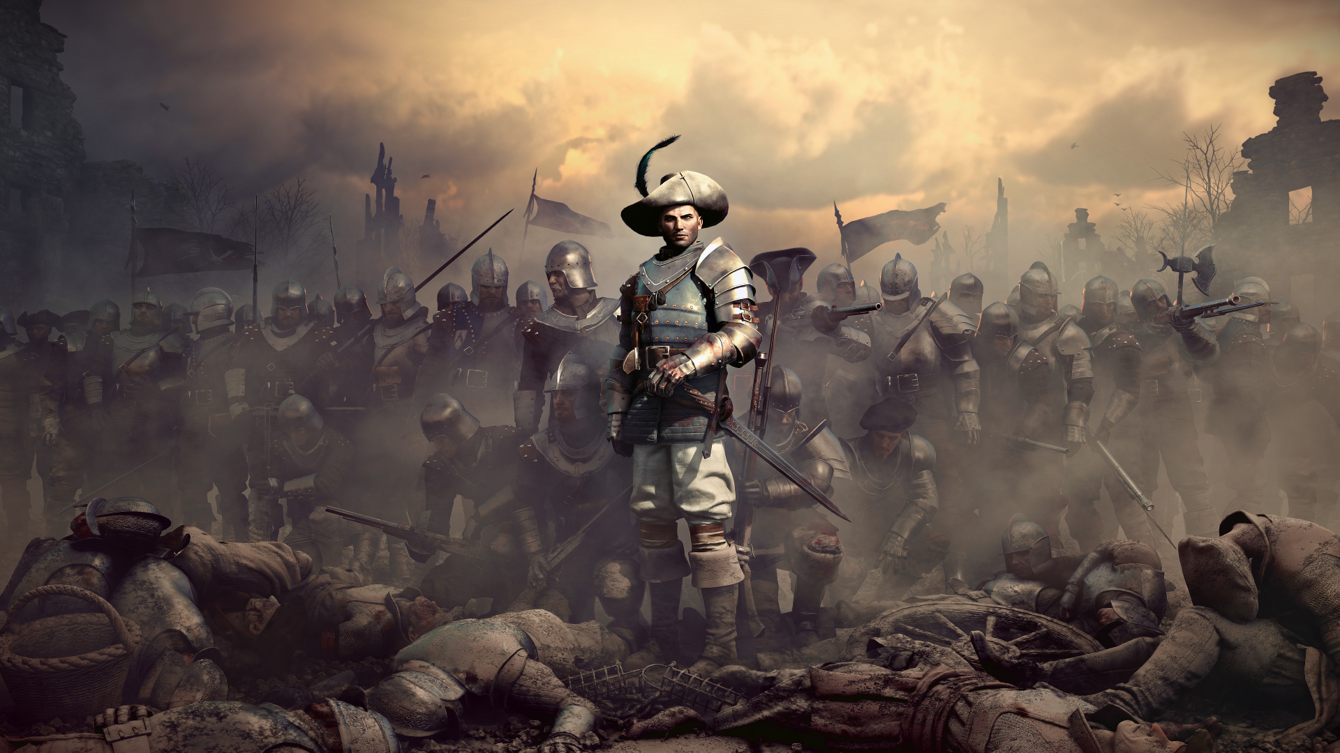 An armed figure stands before soldiers on a smoky battlefield.
