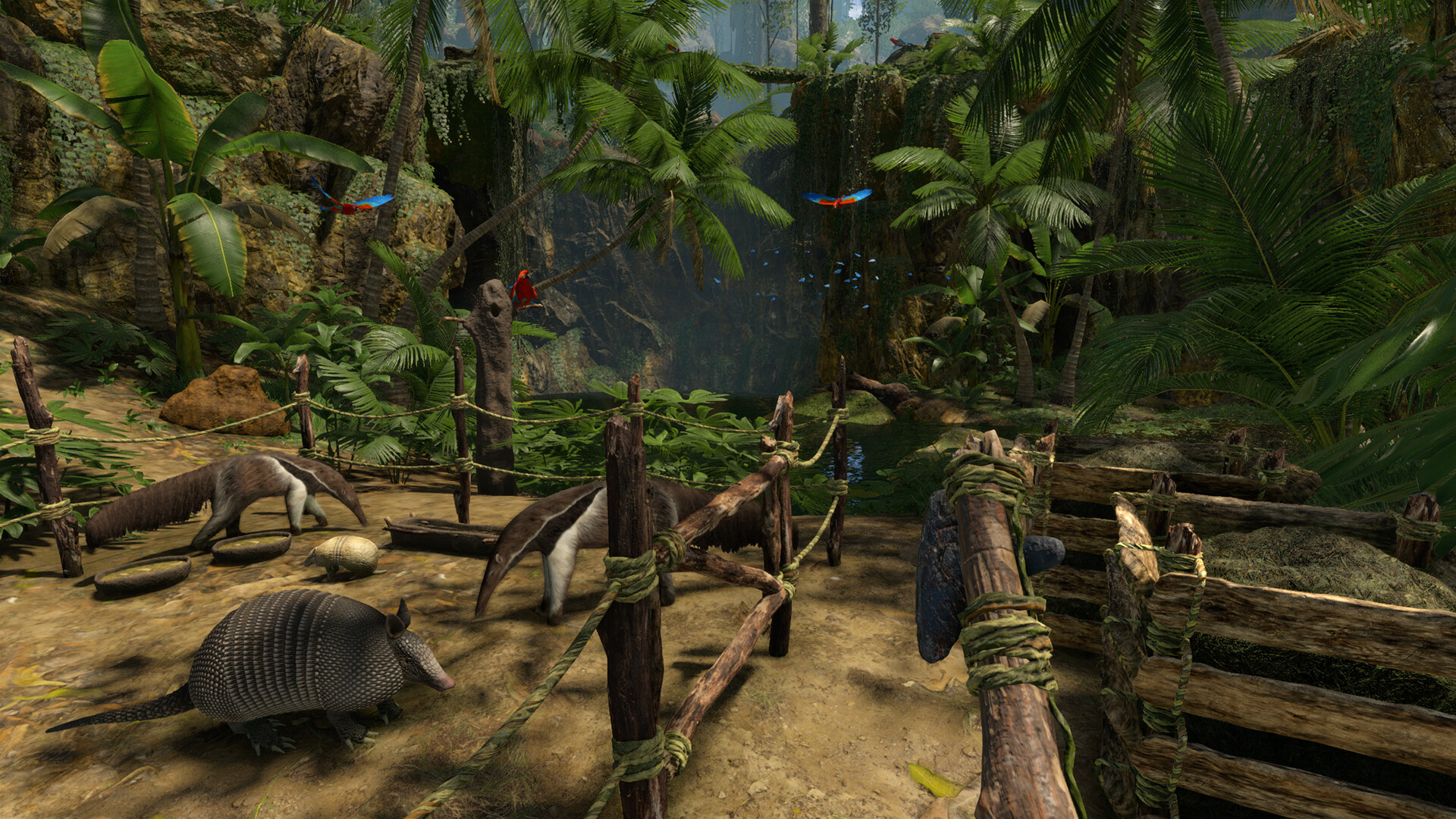 A survivor crosses a jungle camp beside a river.