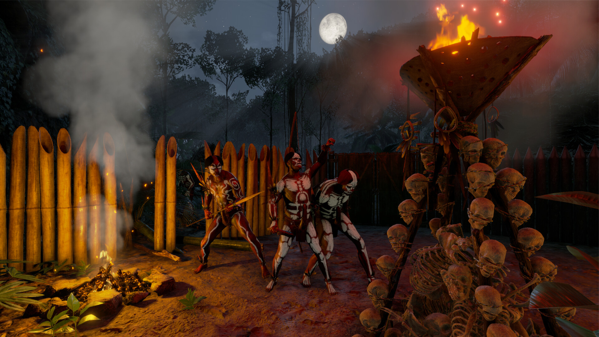 A night-time encounter unfolds beside a palisade and burning torch.