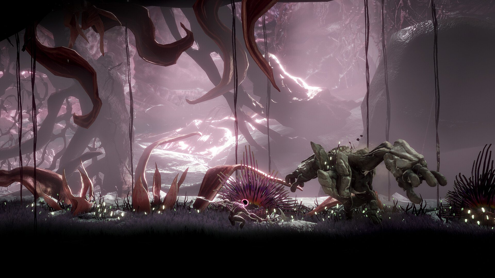 A stone-bodied fighter approaches a large creature in a pale, fleshy landscape.