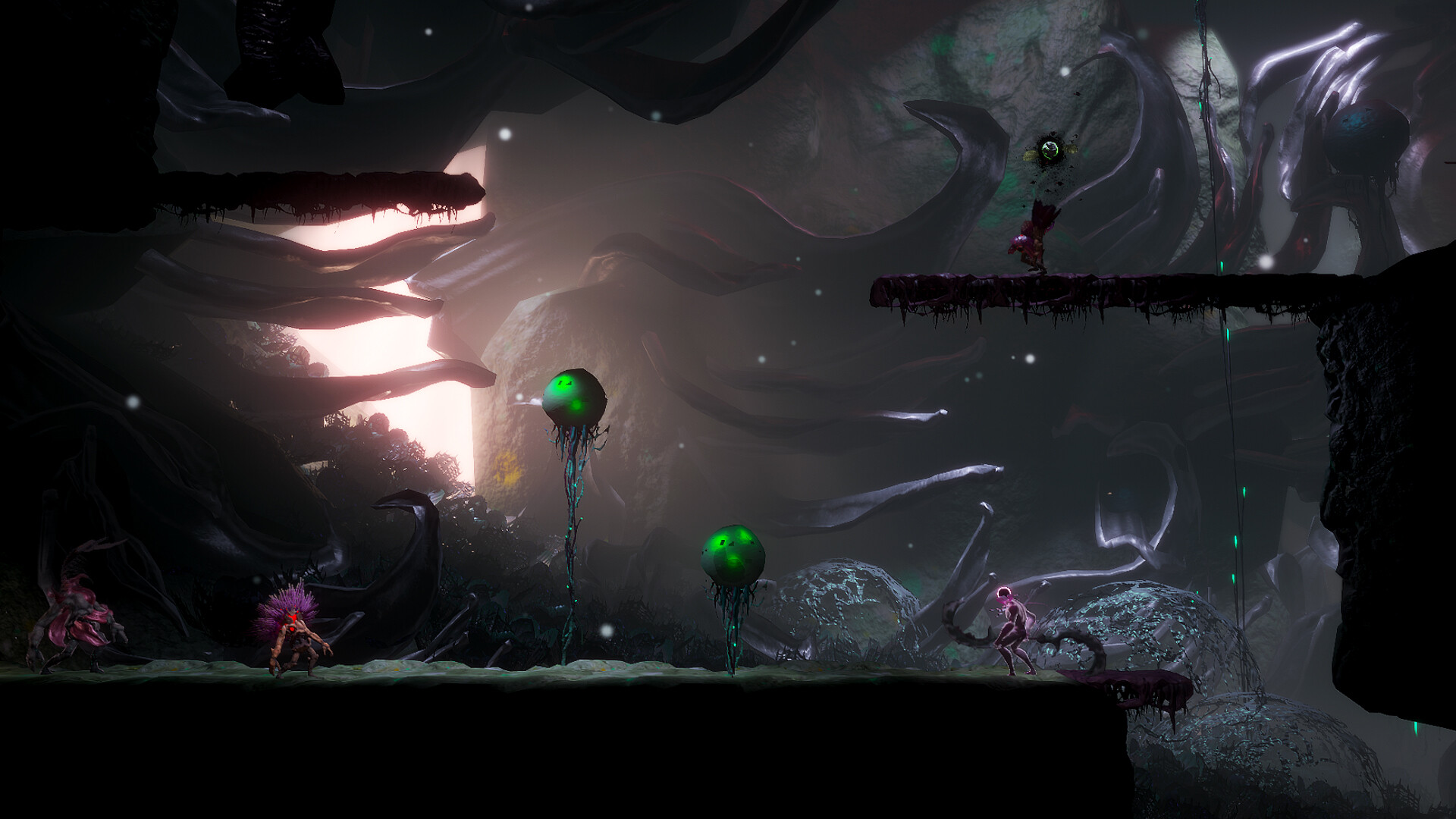 A small figure crosses a shadowed cavern under looming creatures.