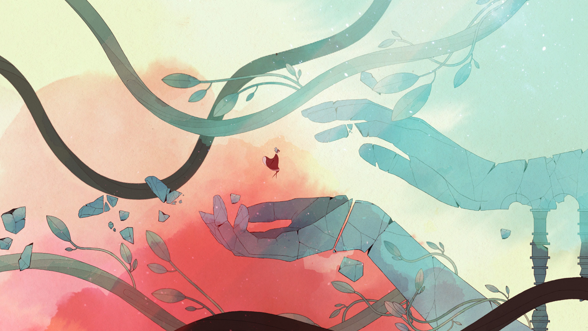 Gris moves through floating ruins framed by branches and pale light.