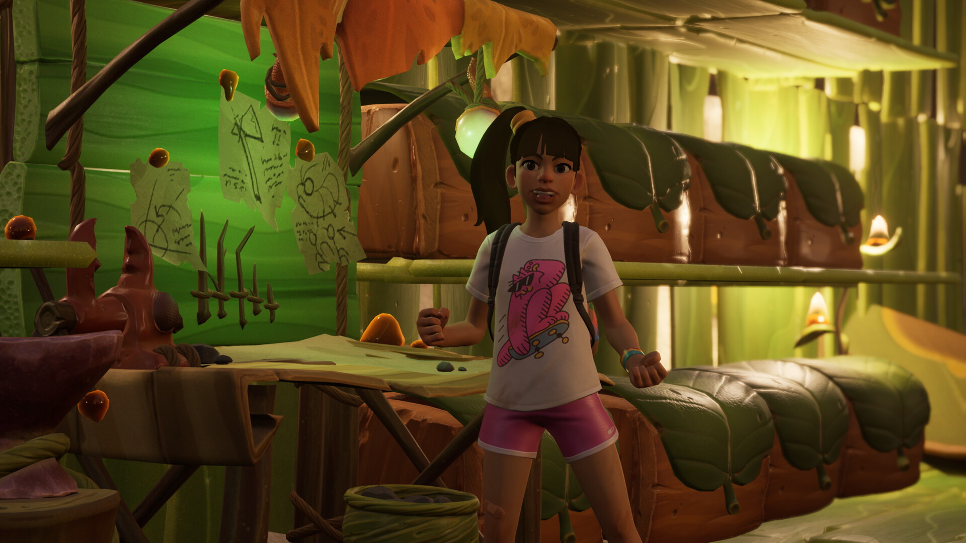 A survivor stands inside a small handmade base.
