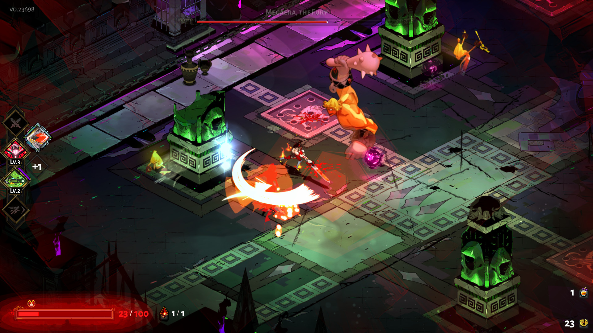 Zagreus fights through a chamber of the Underworld.