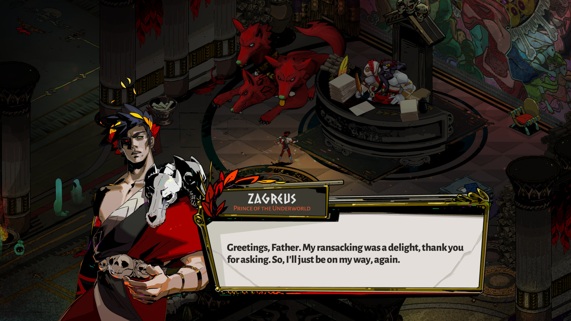 Zagreus speaks to Hades in the House of Hades.