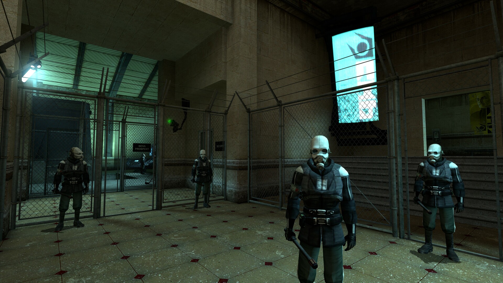 Combine soldiers stand inside a guarded building.