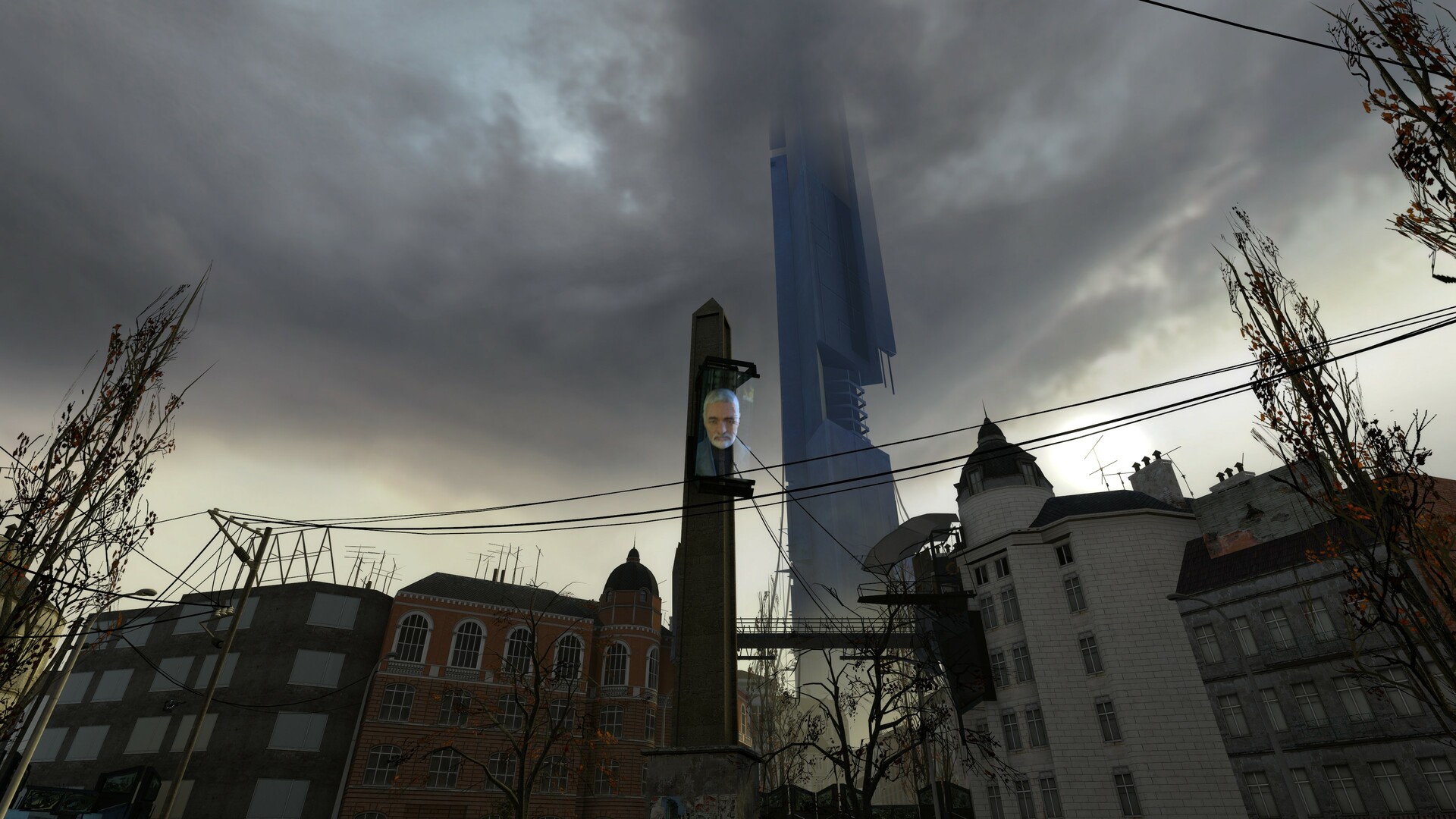 The Citadel rises above City 17 under a stormy sky.