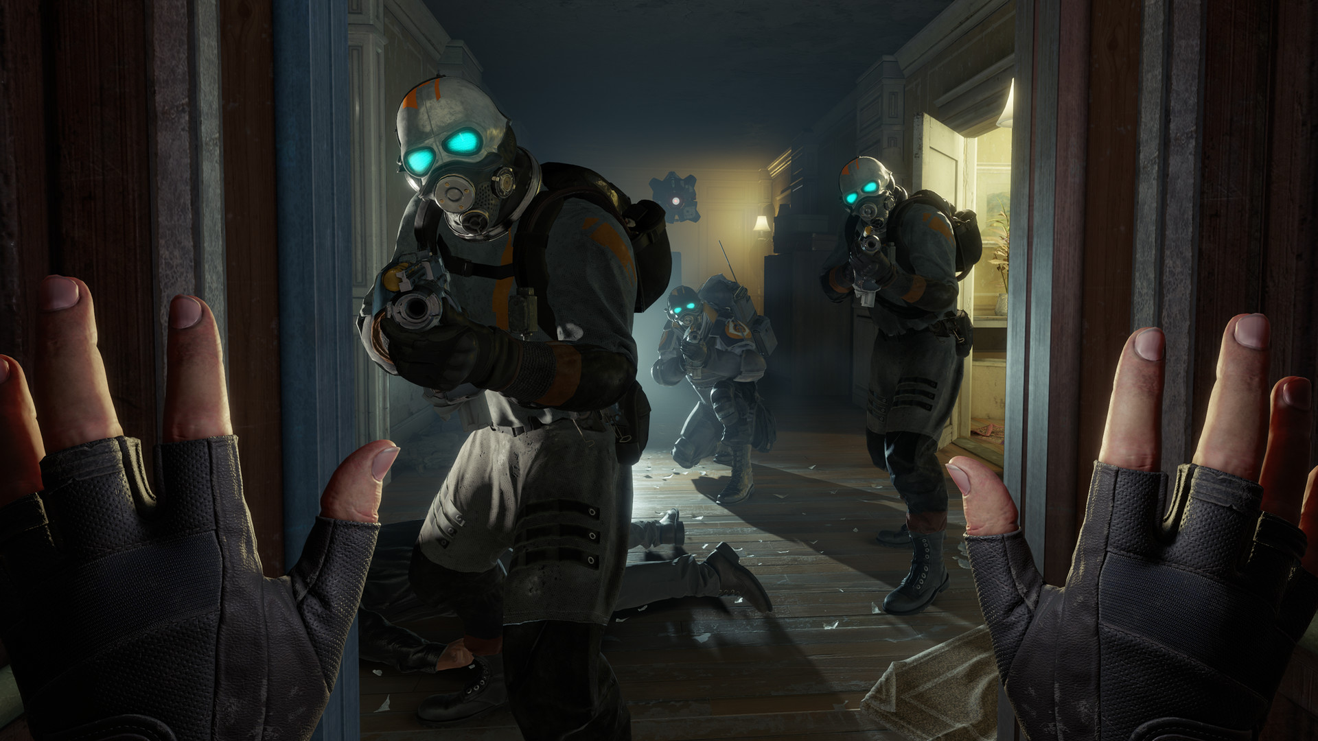 Alyx faces three Combine soldiers in a dim corridor.