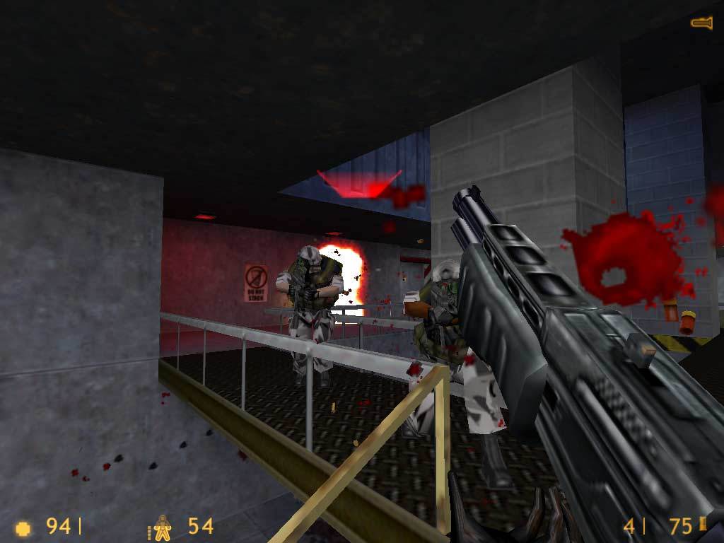 Gordon fires at an armed opponent inside Black Mesa.