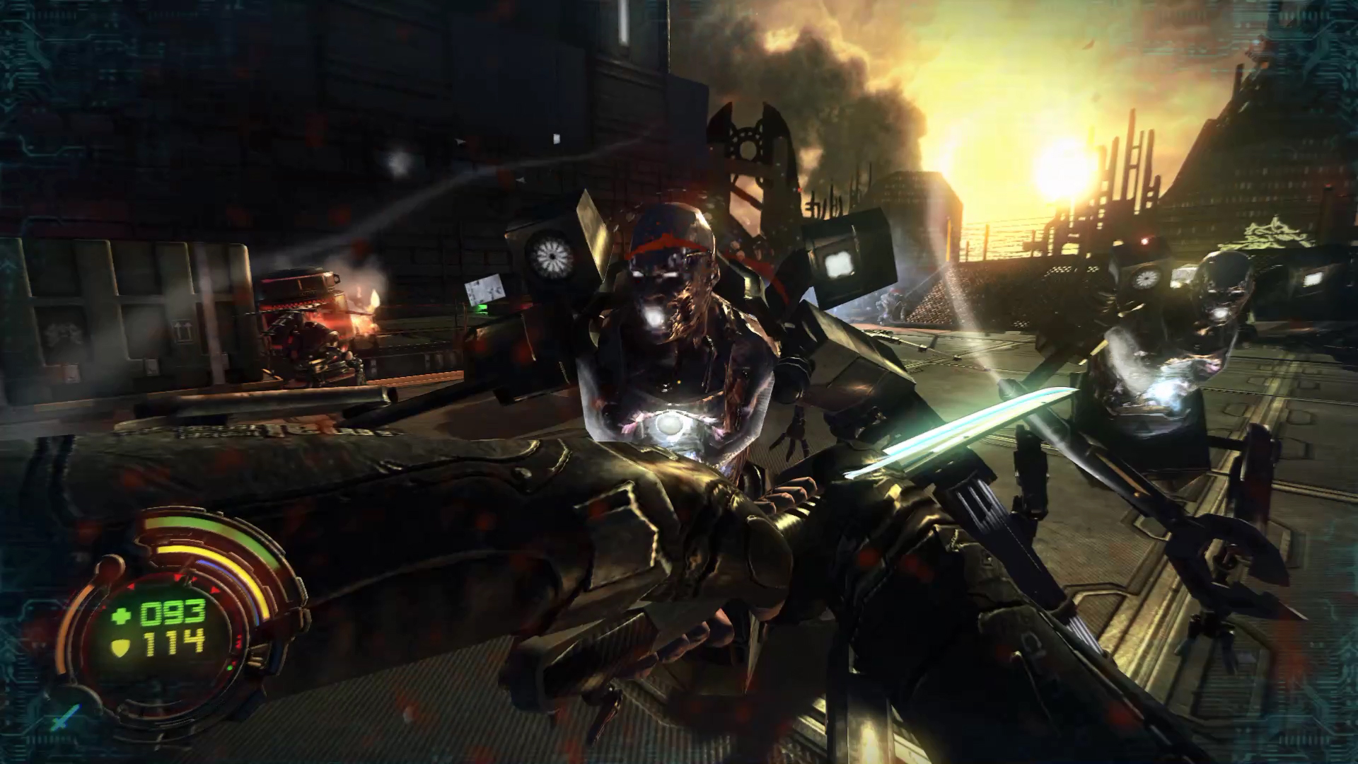 Major Fletcher fires at robots on a dark city street.