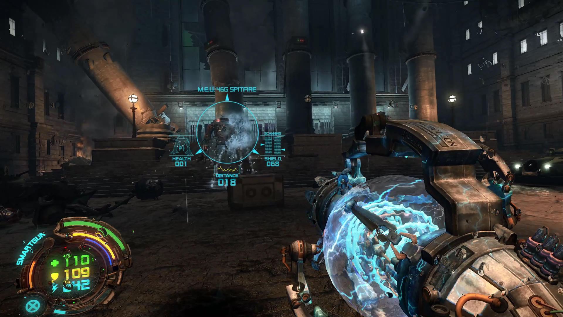 An energy weapon aims toward machinery in an industrial square.