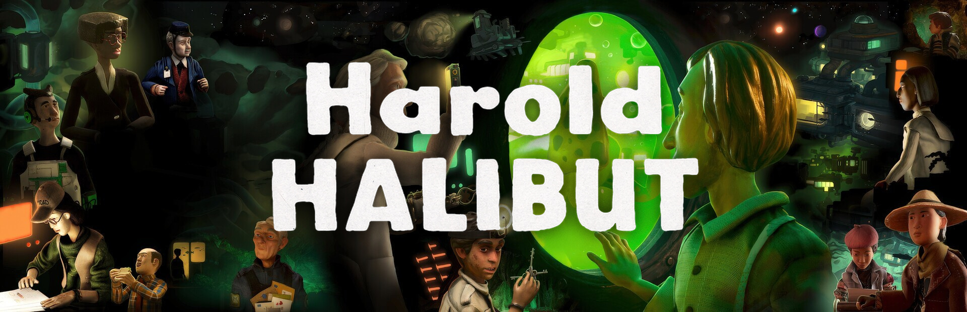 Official Steam library artwork places the Harold Halibut title over a collage of the ship’s handmade characters and rooms.