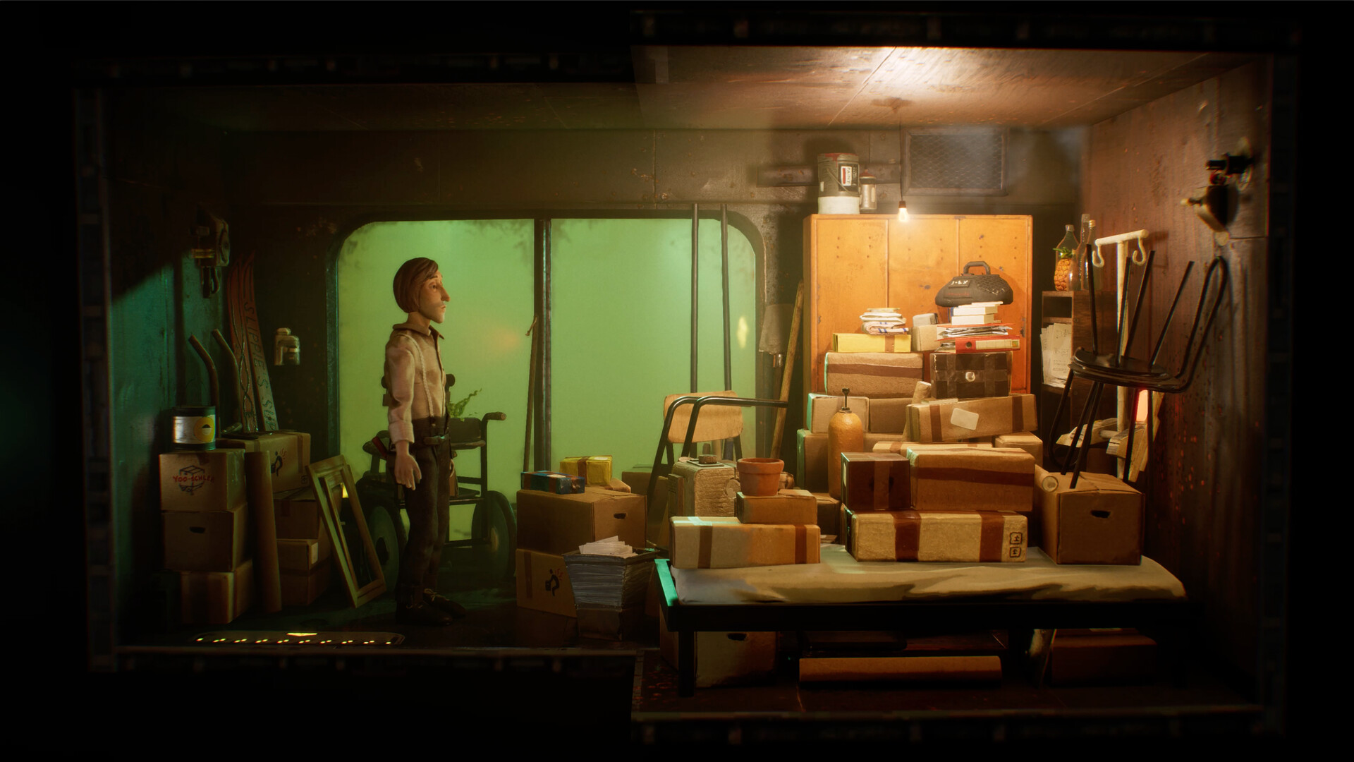 Harold stands among boxes and equipment inside a room aboard the Fedora I.