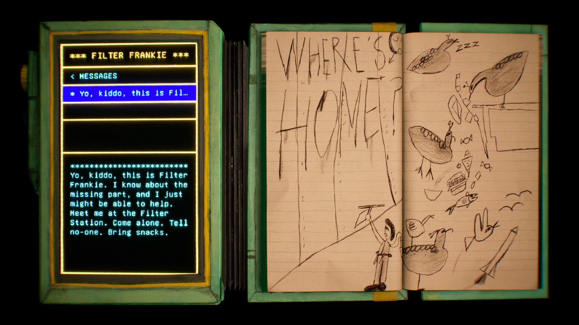 A message terminal sits beside an open illustrated notebook.
