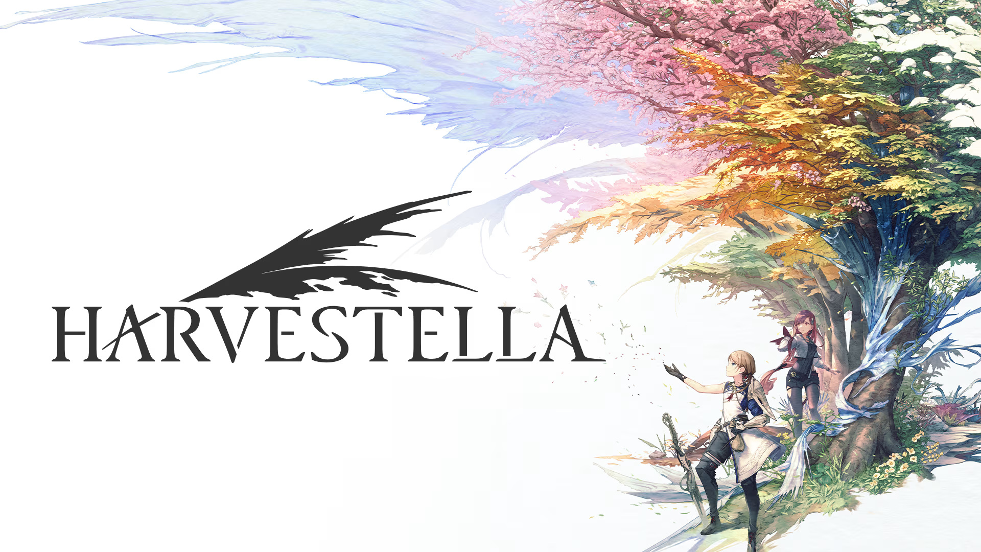 Harvestella logo and two travelers beneath a multicoloured tree.