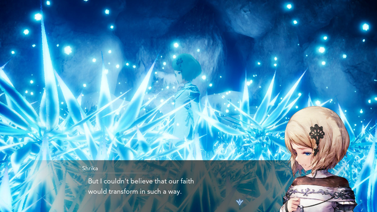 Shrika speaks beside a burst of blue light in a story scene.