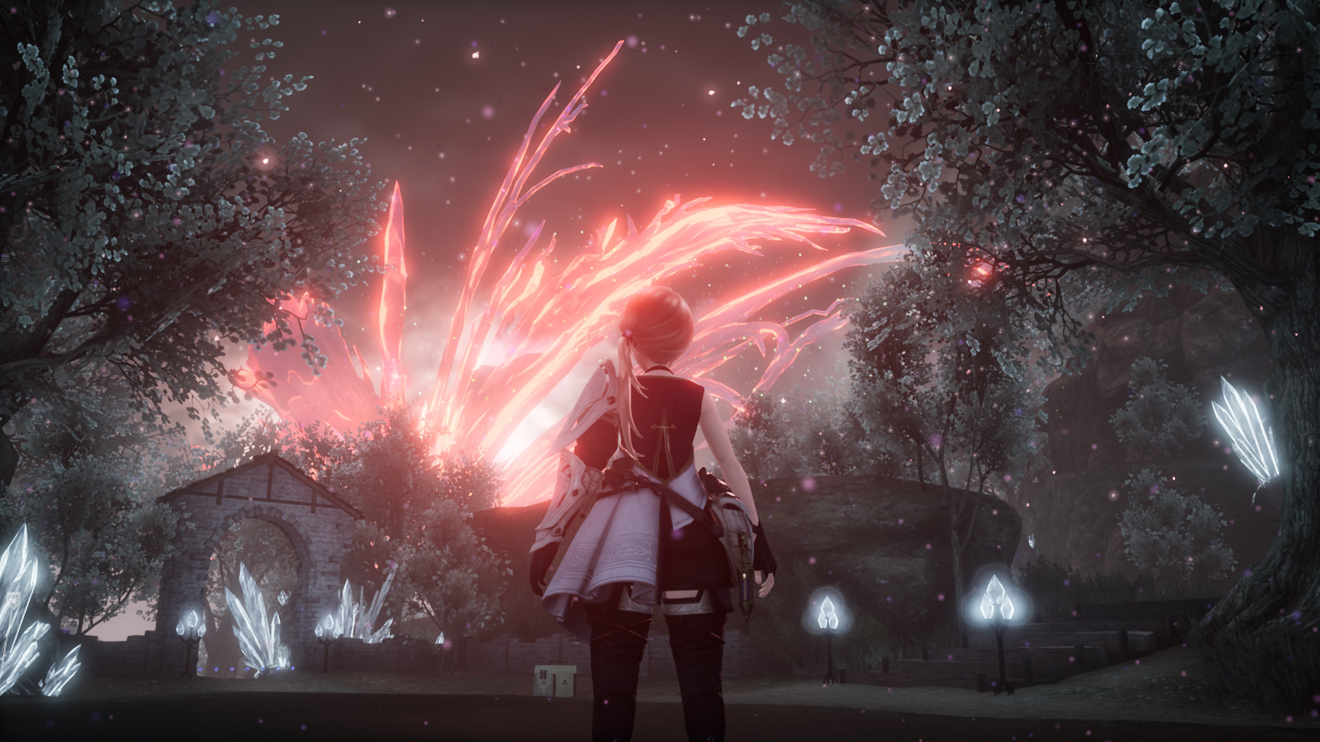 A traveler faces a glowing red formation in a dark forest.