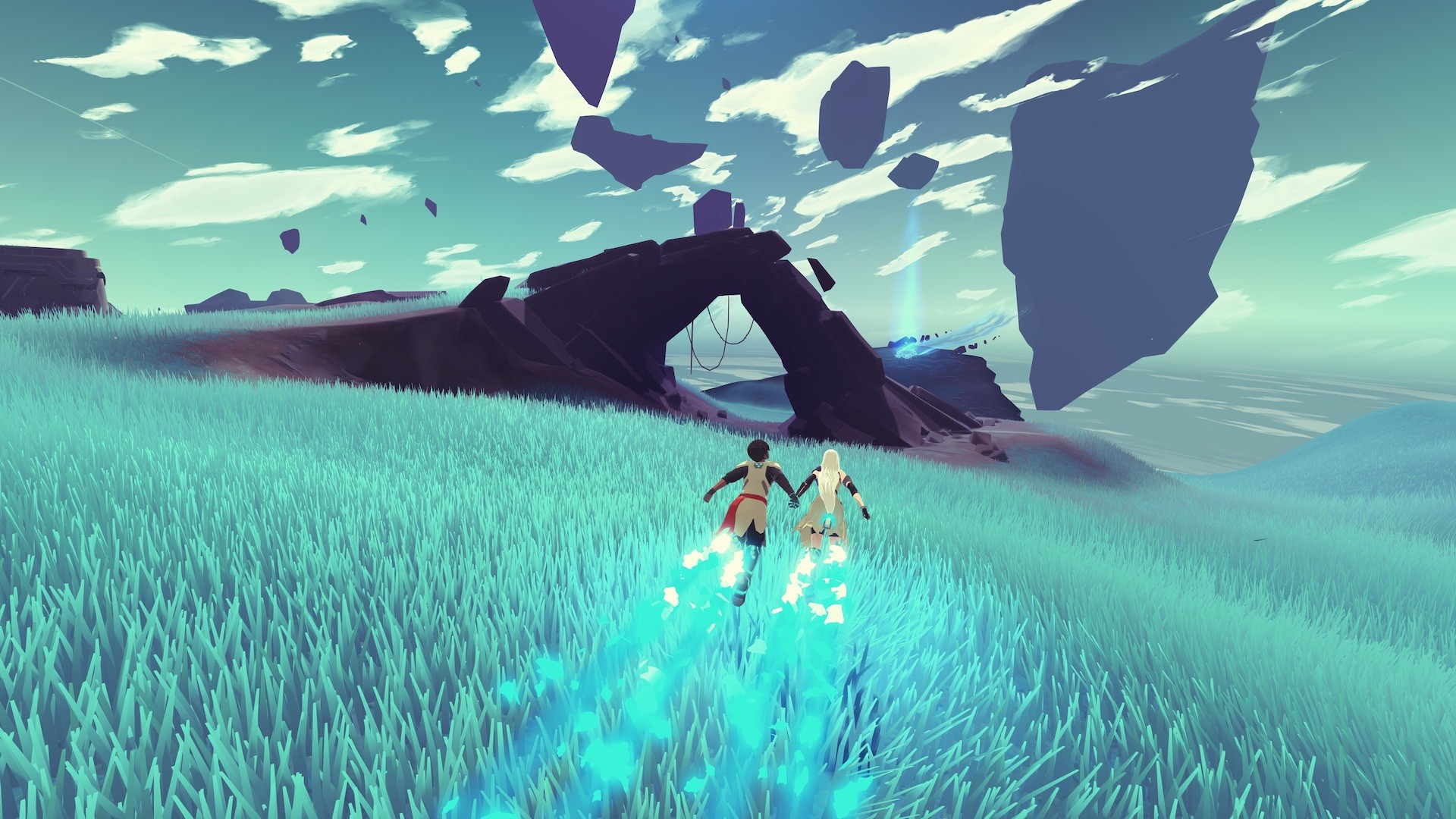 Yu and Kay glide together across a grassy island under floating rocks.