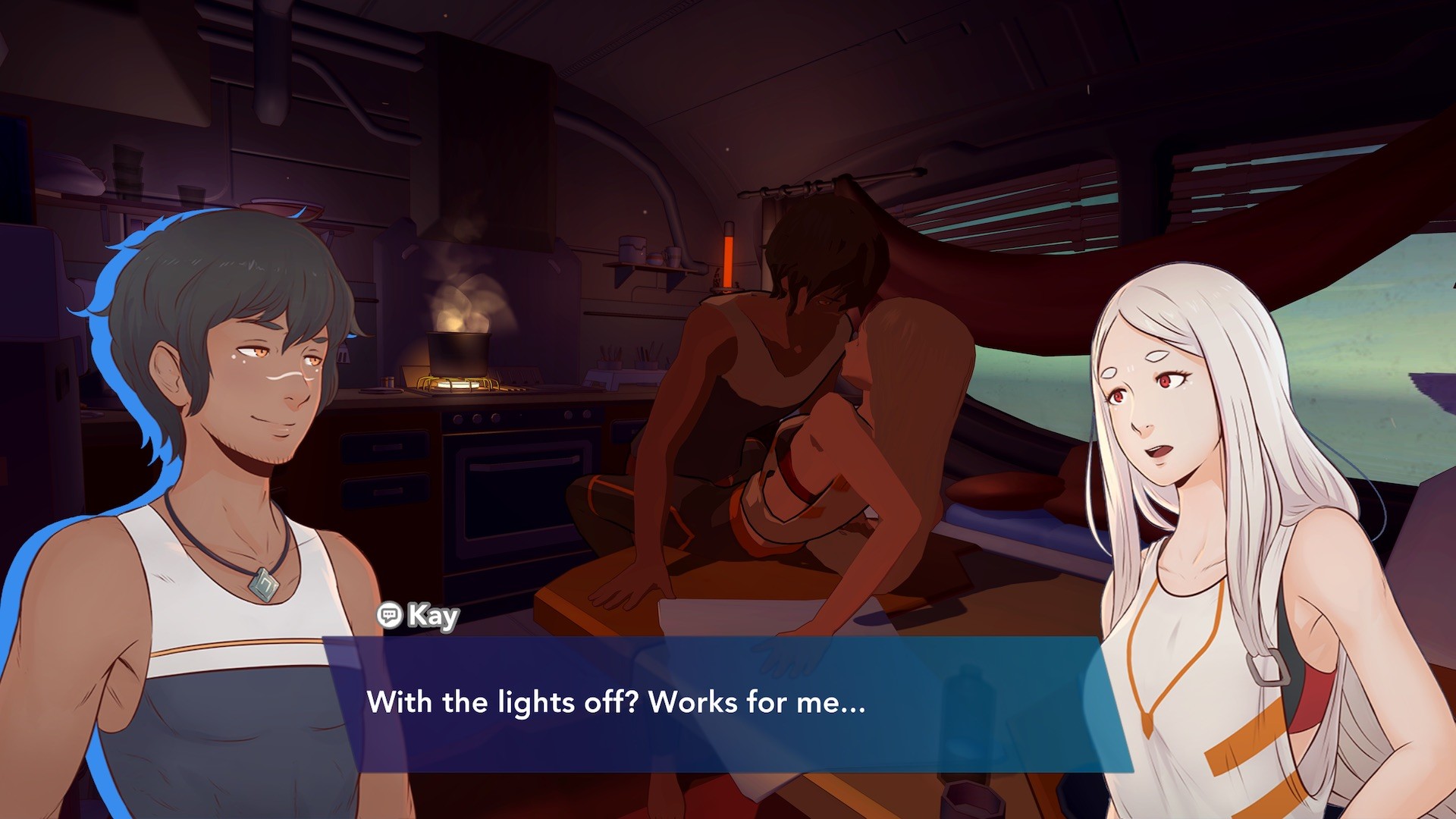 Yu and Kay speak inside their ship.