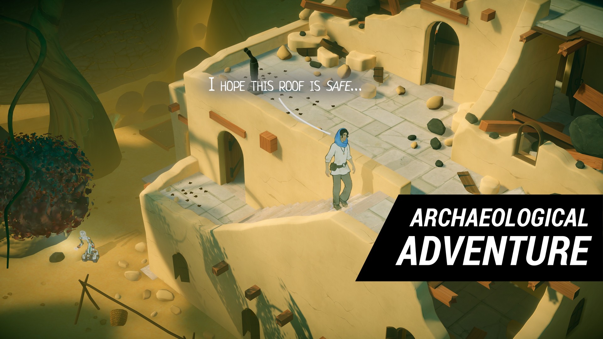 Aliya stands among the pale stone buildings of a Nebula settlement.