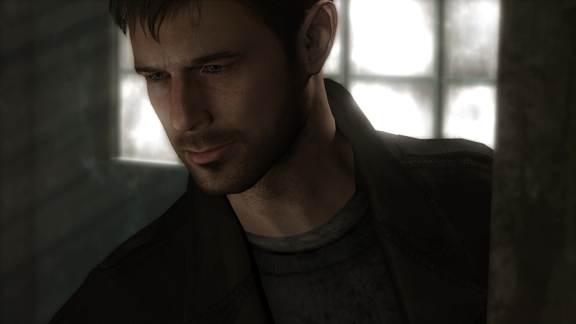 Ethan Mars looks down beside a bright window.