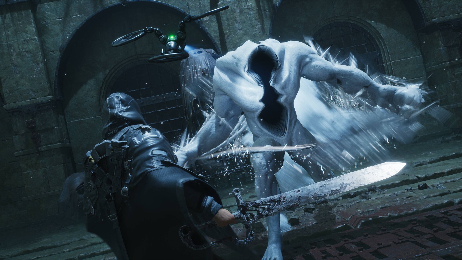 An armed figure confronts a large pale creature inside a stone structure.