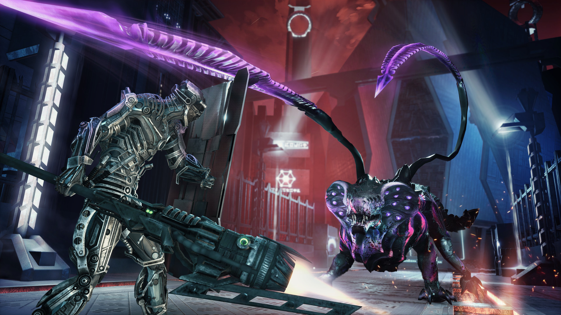 An armoured fighter faces a creature inside a glowing station corridor.