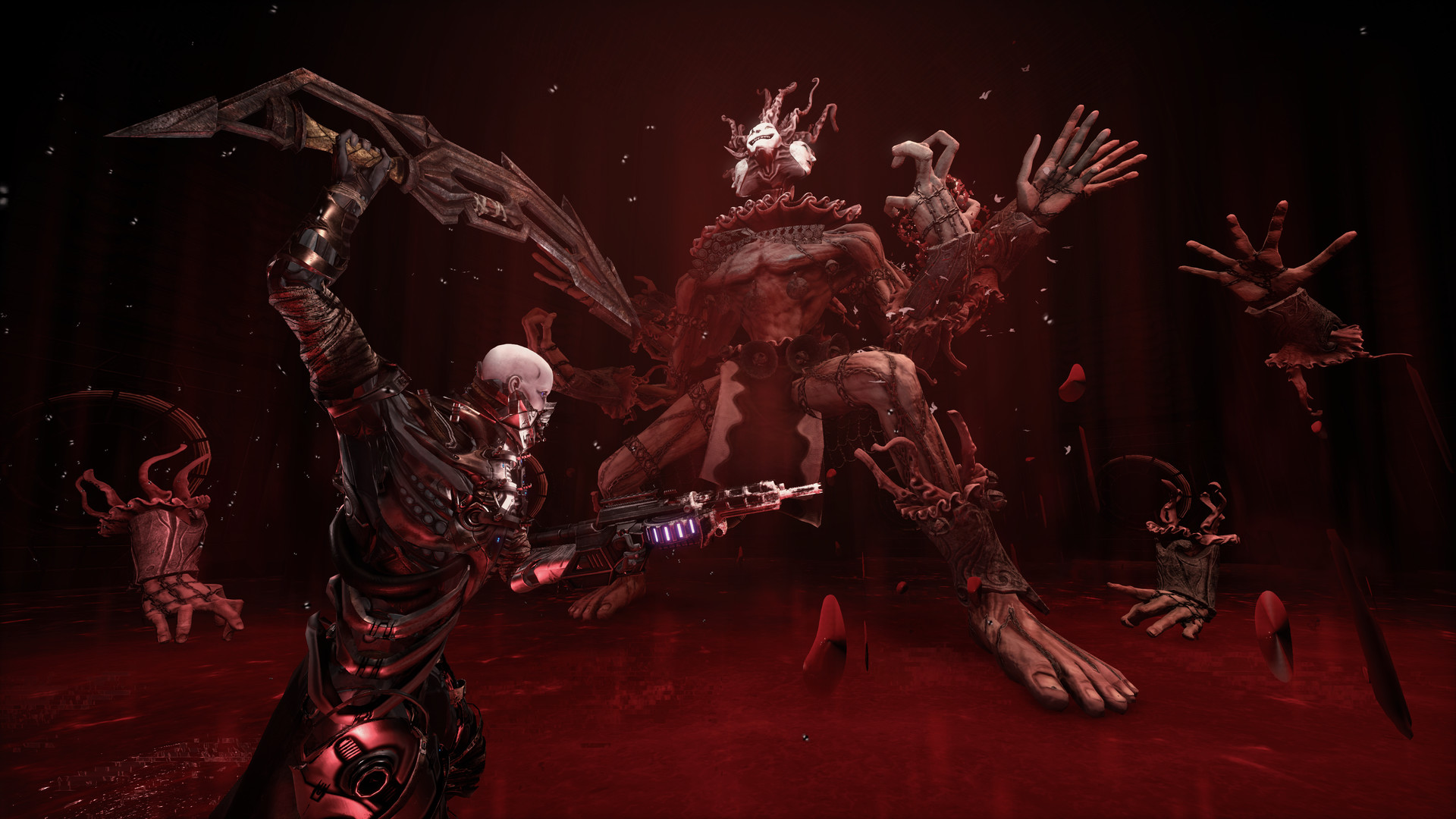 A fighter confronts a large demonic enemy in a red chamber.